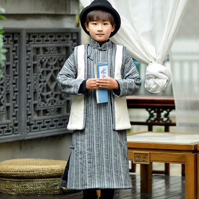 Creative Danfeng:Chinese style men's wear With children cotton-padded clothes Two piece set stripe cheongsam Cardigan Cotton vest suit