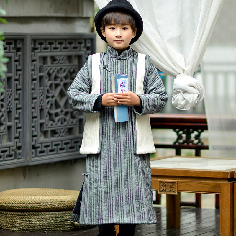 Creative Danfeng:Chinese style men's wear With children cotton-padded clothes Two piece set stripe cheongsam Cardigan Cotton vest suit