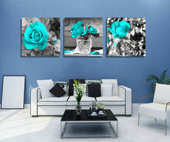 High-definition spray painting oil painting wall decoration painting three-piece blue rose home hanging painting cross-border supply
