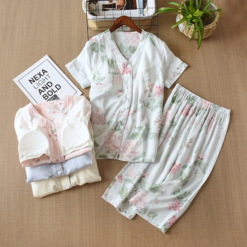 Summer new women's pajamas with chest pad suit artificial cotton cotton cotton thin short sleeve cropped pants casual home wear
