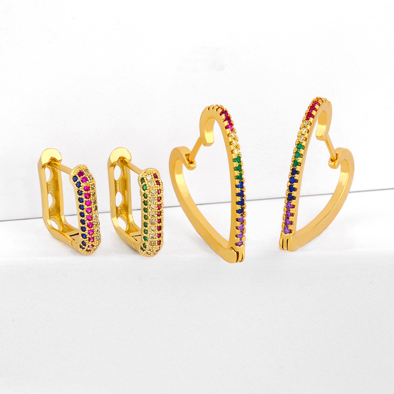 Geometric Love Earrings Peach Heart Earrings With Colored Cubic Zirconia Stud Earrings display picture 2