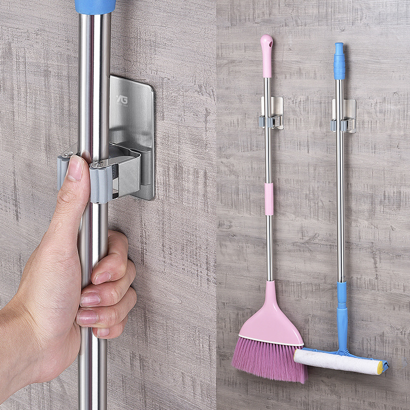 家居用品浴室粘贴式不锈钢拖把夹免钉免孔墙壁拖把挂架扫把收纳架