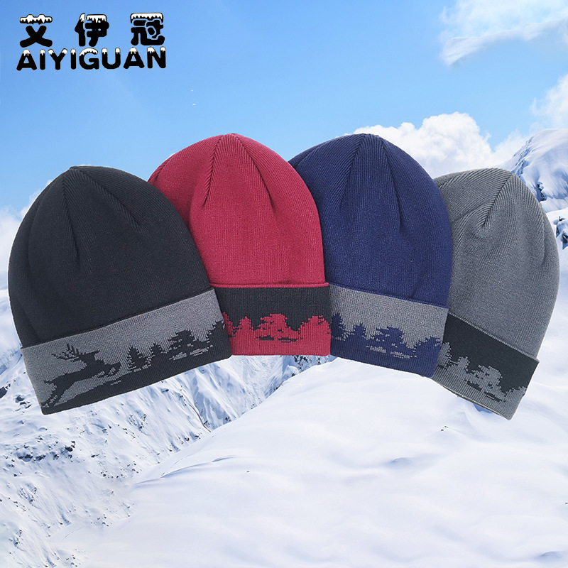 針織帽男冬提花鹿加厚保暖套頭帽戶外騎車防風毛線帽男女棉帽定制