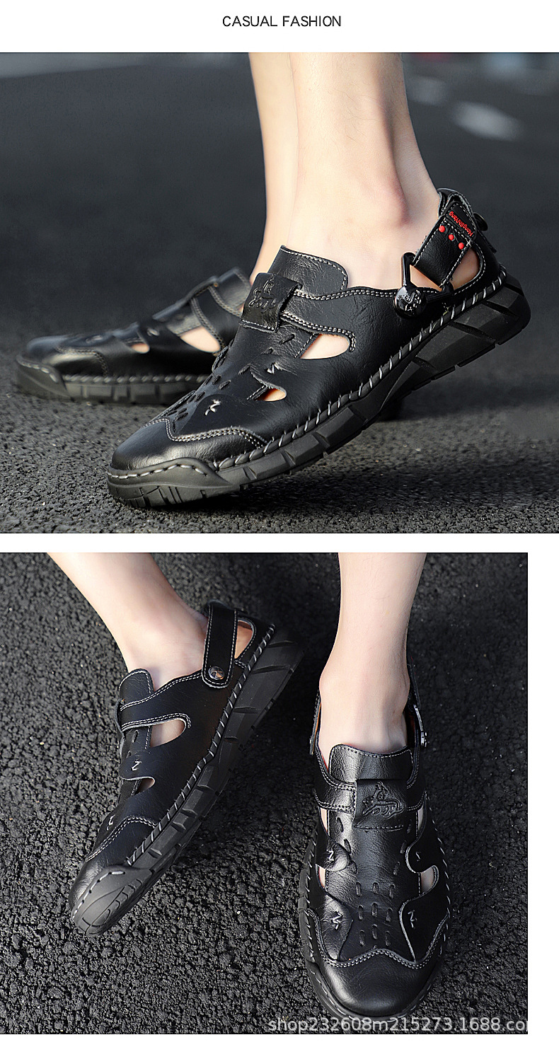 Cross-border genuine leather men's breathable large size 50 sandals, men's 49 massage sole, foreign trade cowhide beach shoes, casual men's slippers undefined