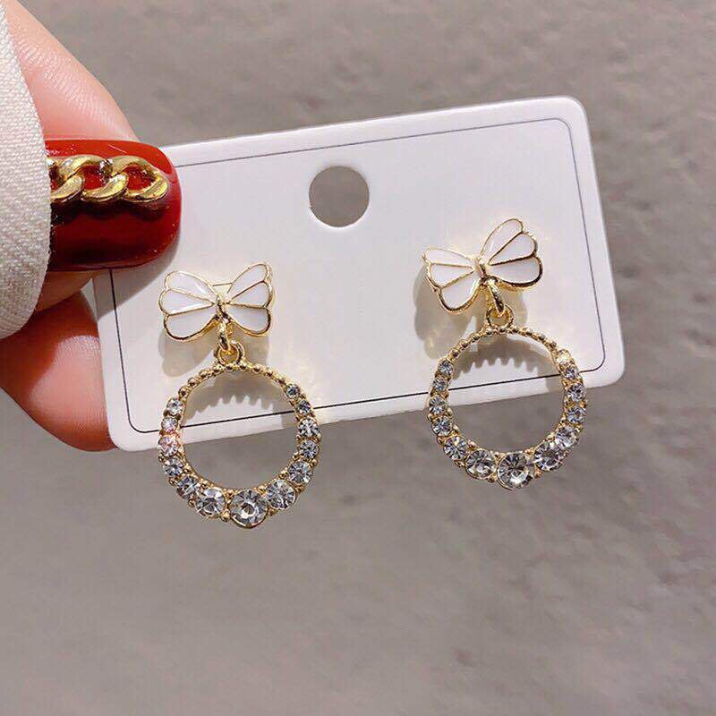 S925 Silver Needle Korean Circle Bow Simple Short Diamond Wild Earrings display picture 1