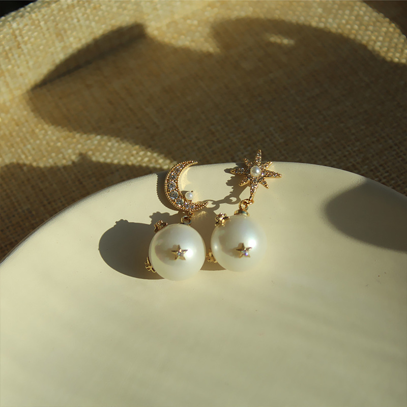  New Luxury Jewelry Asymmetric Star Moon Pearl S925 Sterling Silver Vintage Earrings for Women Temperament Long Dangle Earrings