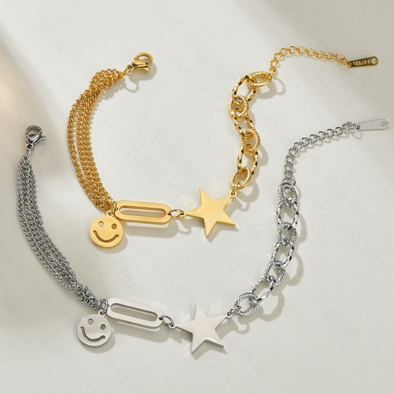 Japanese And Korean Ins Cold And Simple Smiley Face Bracelet Personality Retro Five-pointed Star Tassel Chain Bracelet Female Tide Niche display picture 2