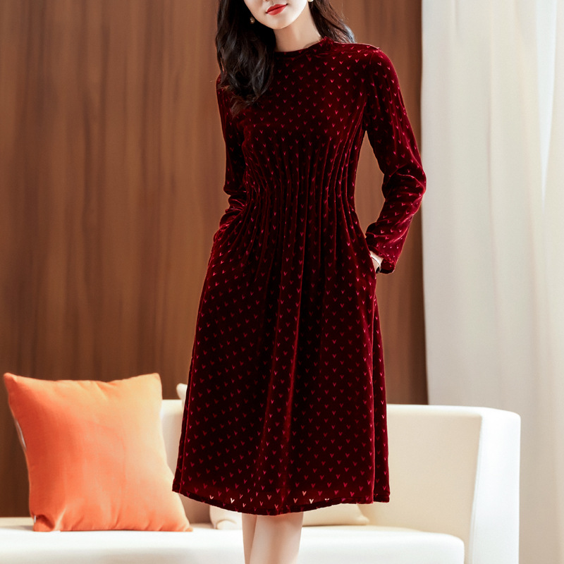 73022真丝绒连衣裙2020秋季新款女装小V字碎花植绒气质桑蚕丝中裙