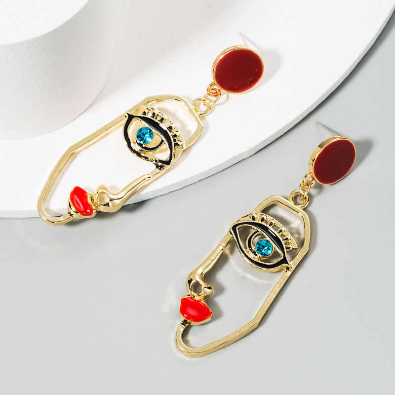 Exaggerated Personality Asymmetry Human Face Red Lips Alloy Diamond Drop Oil Earrings S925 Silver Needle Long Earrings Wholesale Nihaojewelry display picture 6