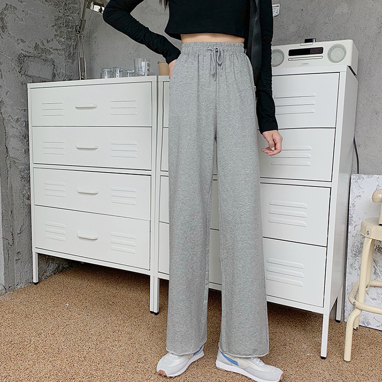 6535 Baumwolle, hohe Taille, elastisch, lässig, für Damen, lockere, gerade Sporthose mit weitem Bein, vielseitige lange Hose für Damen_voghion.com