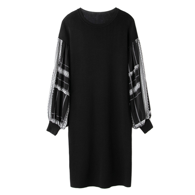 Spring women’s Chiffon panel loose wear medium length A-line skirt round neck bubble sleeve knitted dress