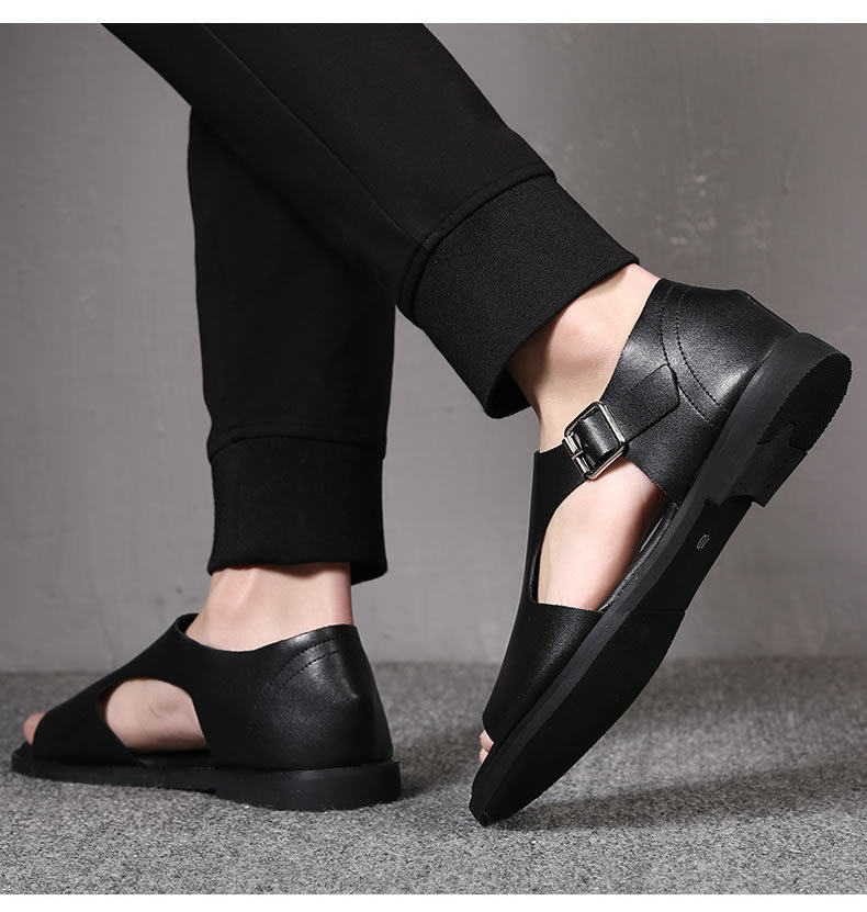 Dép sandal nam quai ngang kiểu La Mã, da bò, hở ngón, đế mềm thoáng khí — Màu đen chi tiết 17