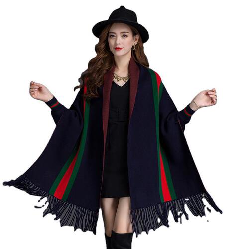 Autumn and winter new style tassel striped sleeved shawl cloak double-sided thickened coat women's bat sleeve knitted cardigan shawl