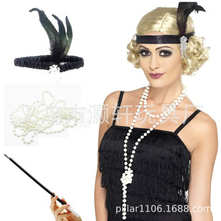 1920s Audrey Hepburn pearl necklace black tobacco rod fire plate electroplating beaded black red headband suit