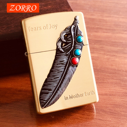 zorro brass kerosene windproof lighter personalized creative patch turquoise feather lighter cross