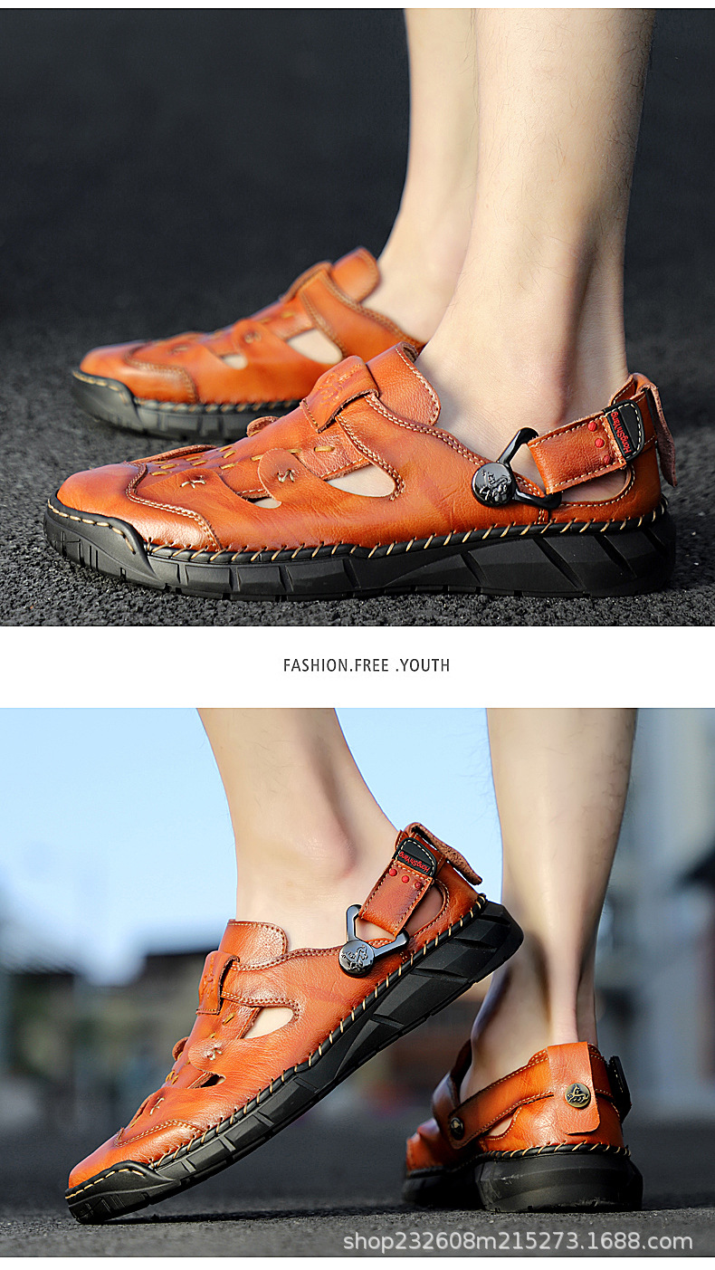 Cross-border genuine leather men's breathable large size 50 sandals, men's 49 massage sole, foreign trade cowhide beach shoes, casual men's slippers undefined