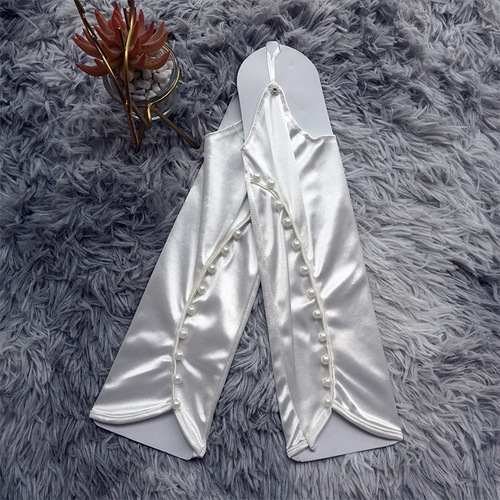 Factory direct sale long finger hook gloves, pearl etiquette wedding gloves, satin elastic crepe gloves