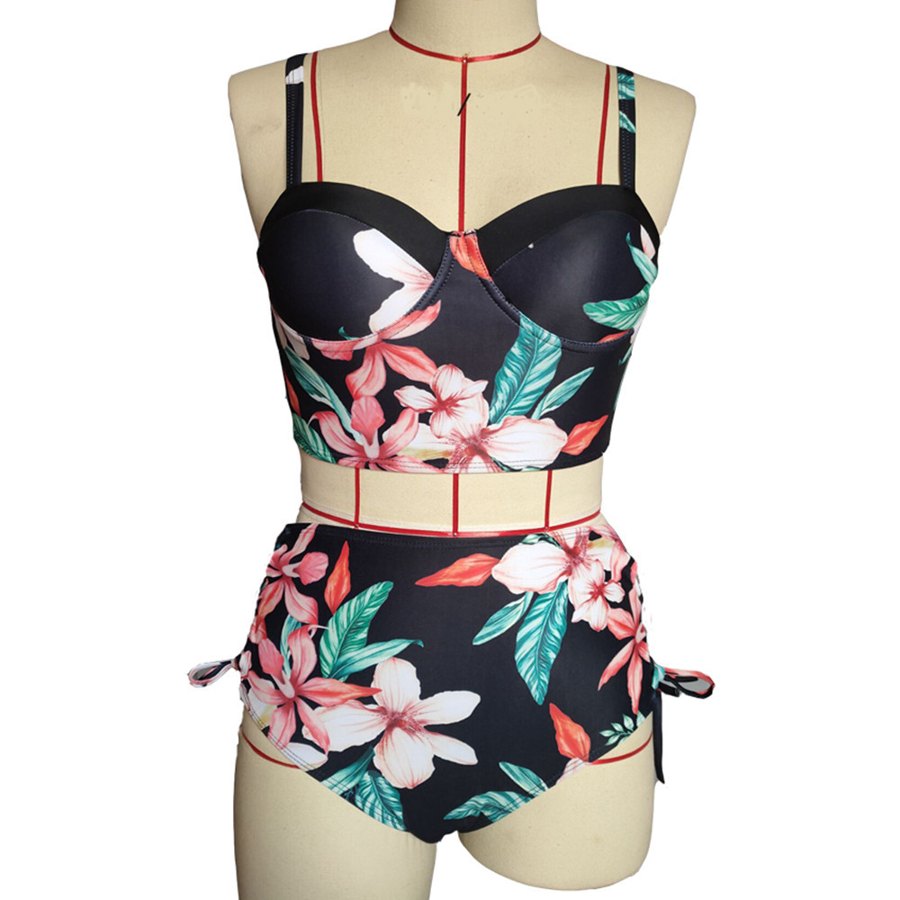 Nuevo traje de baño de bikini dividido de cintura alta con estampado de bolso duro retro NSHL124