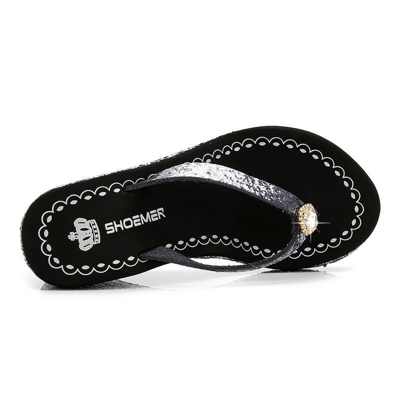 Women's Casual Solid Color Sequins Rhinestone T-Strap Flip Flops display picture 5