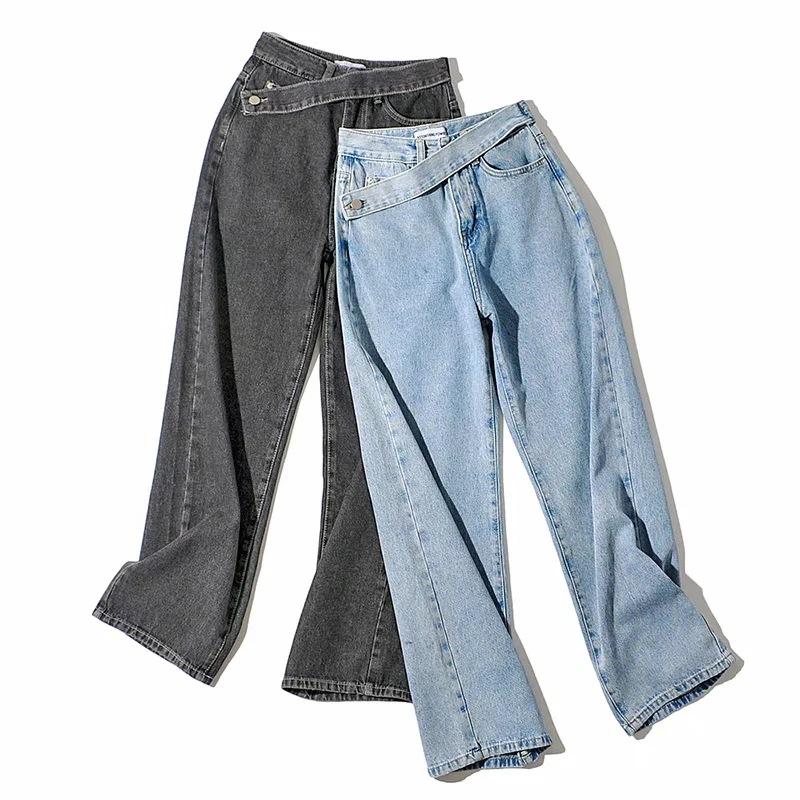 Polyester Fabric Type High Waist Waist Line Women's Daily Streetwear Solid Color Full Length Washed Jeans Wide Leg Pants