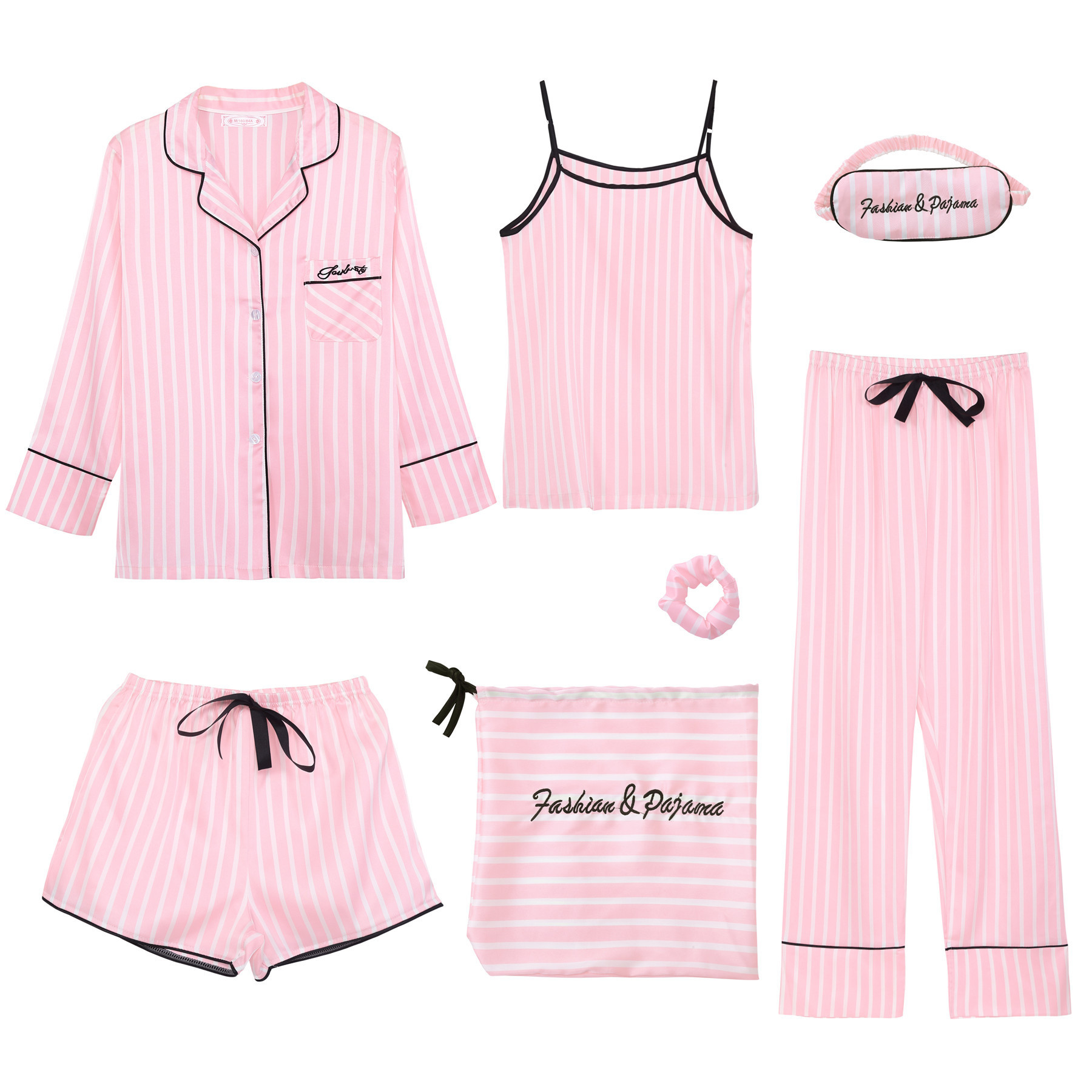 帮手描述图:睡衣女春秋七件套装性感条纹冰丝绸家居服宽松韩版薄