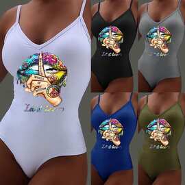 2020欧美时尚趣味印花bodysuit收腰wish跨境女式修身吊带连体上衣