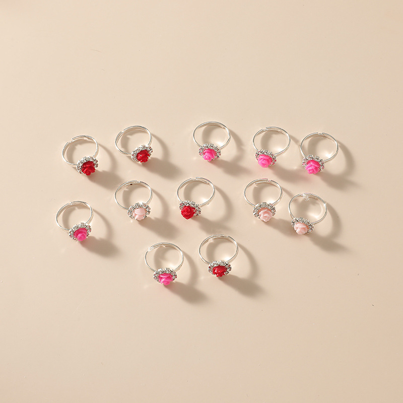 Fashion Cartoon Children's Adjustable Simple New 12-piece Set Rose Diamond Ring Wholesale display picture 4