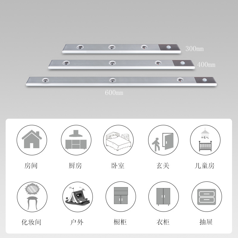 跨境无线人体感应灯usb充电三色调光智能衣柜灯超薄led感应橱柜灯
