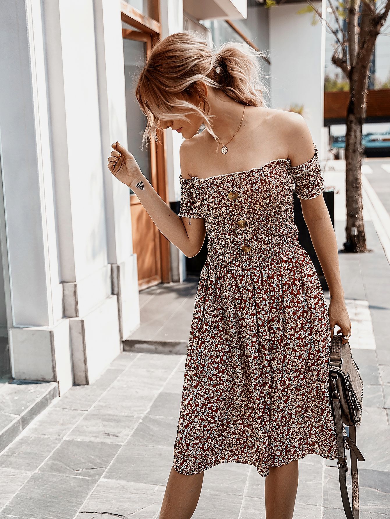 Off-shoulder big swing floral dress  NSDY29157