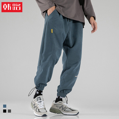 韩路日系男装 2021春季新款束脚裤子抽绳拼接印花宽松休闲裤男|ru