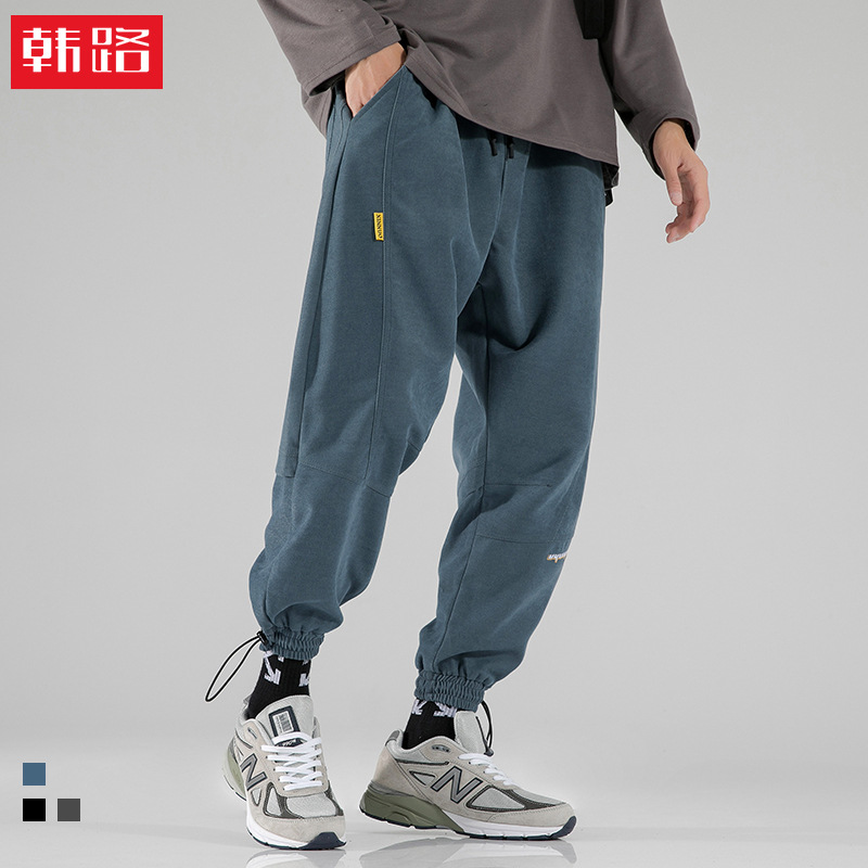 韩路日系男装 2021春季新款束脚裤子抽绳拼接印花宽松休闲裤男|ru