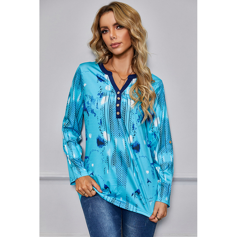 casual V-neck printing nine-point sleeve top NSSA25948