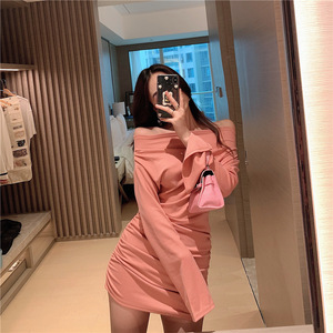 Sexy one line collar low chest slim fit pleated hip skirt knitted skirt long sleeve dress