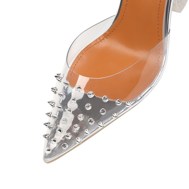 Korean fashion pointed shallow high heels transparent rivet sandals