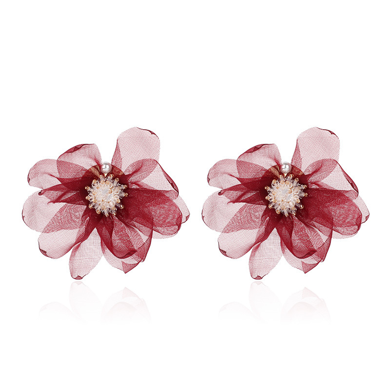13g Weight Earrings, Ear Studs Classification Wedding, Travel Occasion Chiffon Material Flower Pattern Women'S Gender Red, Blue Color Fashion Fairy Chiffon Flower Earrings Netting Crystal Beads Flower Cloth Earrings For Women Wholesale Nihaojewelry 6