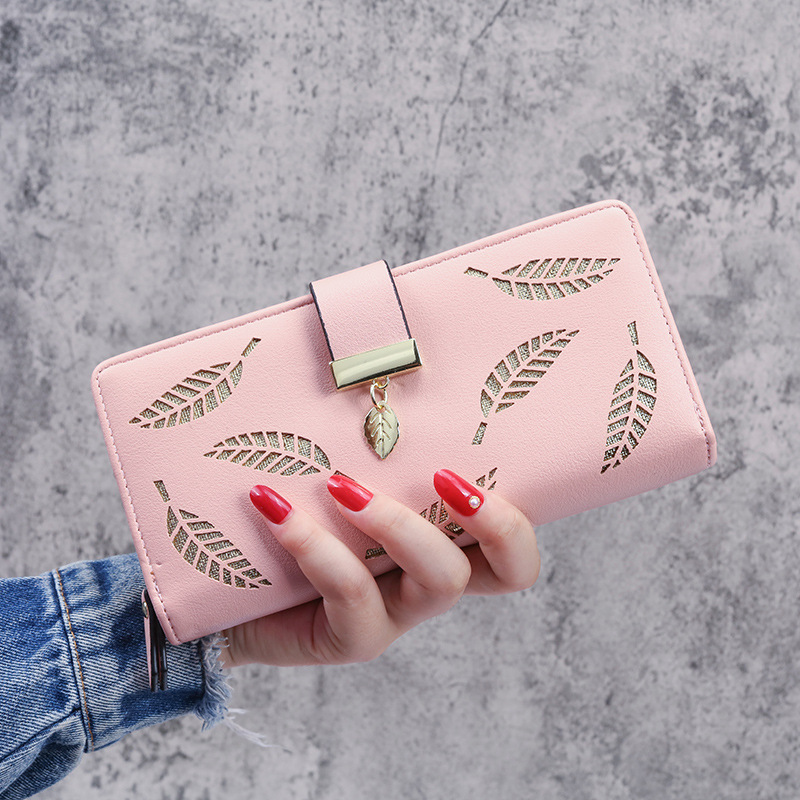 2021 Korean Version Women's Long Wallet Fashion Clutch with Hollow Leaf Zipper and Buckle Design