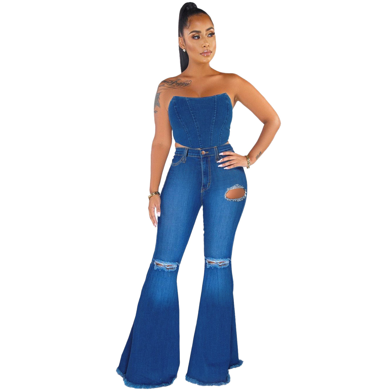 sexy fashion all-match knee-hole stretch tight denim flared pants NSSF64057