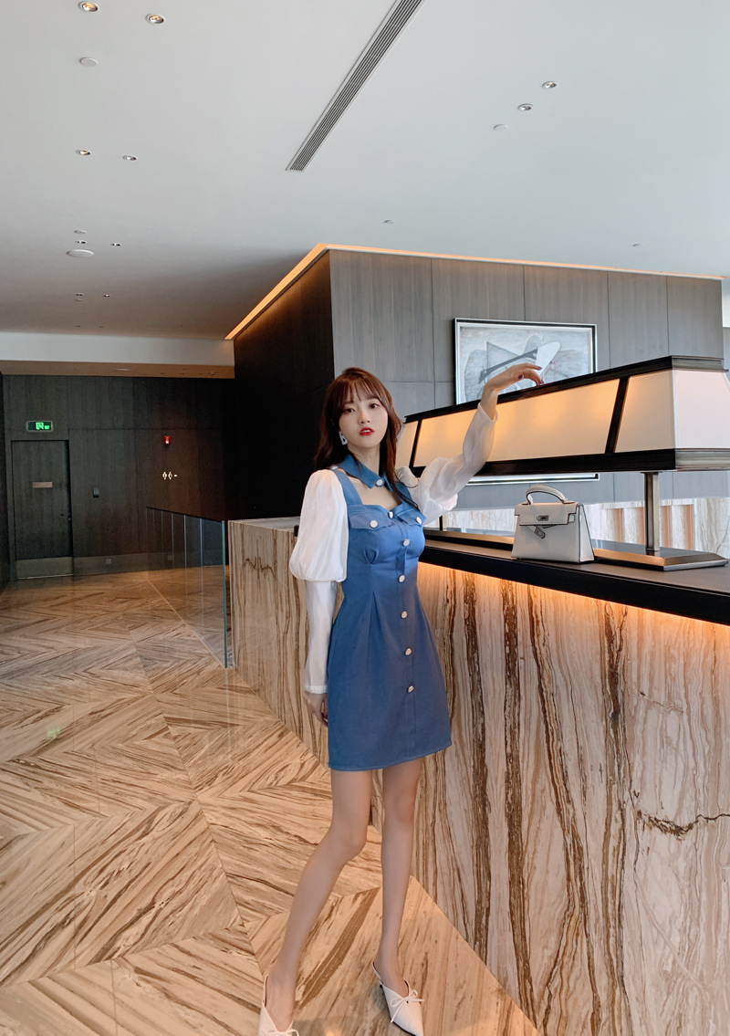 Đầm cổ búp bê tay phồng dáng suông — Màu xanh lam chi tiết 5