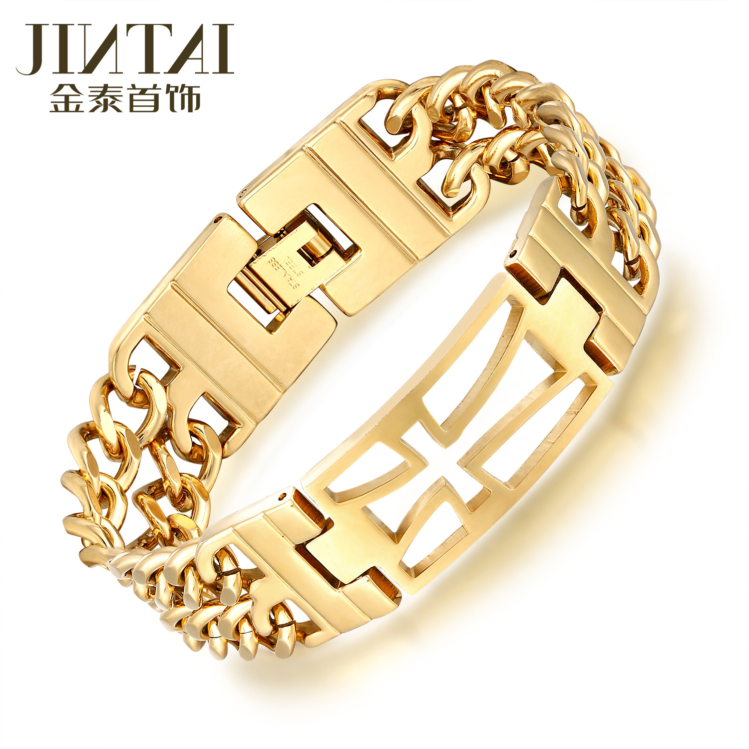 New European and American Jewelry Cut Out Cross Curved Brand Titanium Steel Double Layer Trendy Men's Thick Bracelet Stainless Steel Jewelry Wholesale