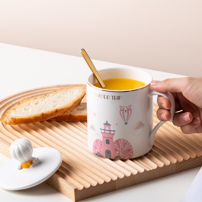 手绘气球城堡陶瓷杯创意描金情侣马克杯男女生水杯礼品早餐咖啡杯