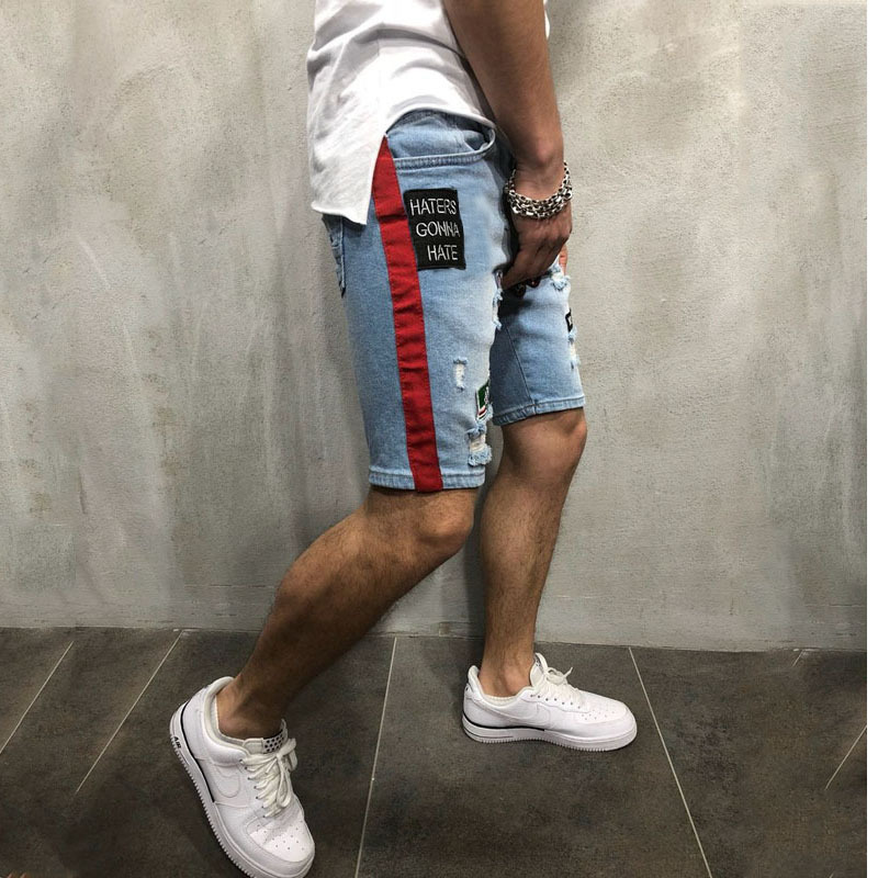 Foreign trade summer explosion men's fashion denim hole embroidered label shorts Europe and the United States loose straight jeans 11 Foreign trade summer explosion men's fashion denim hole embroidered label shorts Europe and the United States loose straight jeans 4
