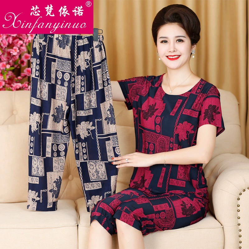 Женский костюм среднего возраста, футболка с короткими рукавами, брюки с 7 точками, хлопок Ice Silk, новый летний толстый топ из двух предметов M, брюки, производитель женщин