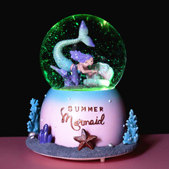 Decorative Gift Ornament Creative Romantic Mermaid Voice-Controlled Crystal Ball Rotating Floating Snowflakes Cartoon Music Box