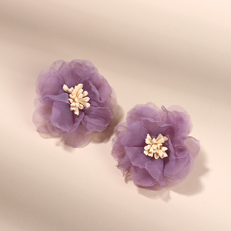 3g Weight Earrings Classification Housewarming, Anniversary, Business, Wedding, Travel, Birthday, Festival Occasion Chiffon Material Flower Pattern Women'S Gender Simple Style Style Purple, Green Color Korea Three-dimensional Mesh Chiffon Flower Retro Port Style Purple Earrings Wholesale 2