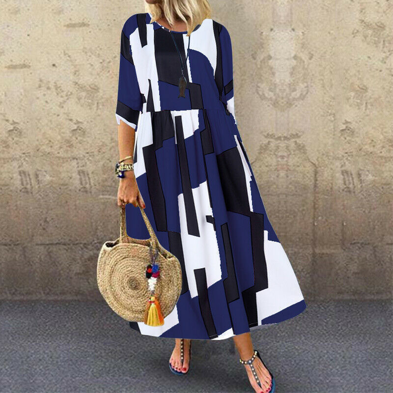 Elegant Printing Round Neck Half Sleeve Printing Splicing Polyester Dresses Maxi Long Dress T Shirt Dress display picture 2