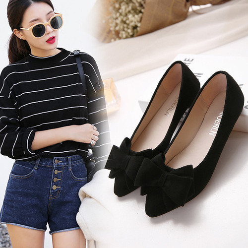 2020 spring and autumn new style pointed toe shallow mouth women's single shoes flat heel flat bow Korean style suede scoop shoes large size