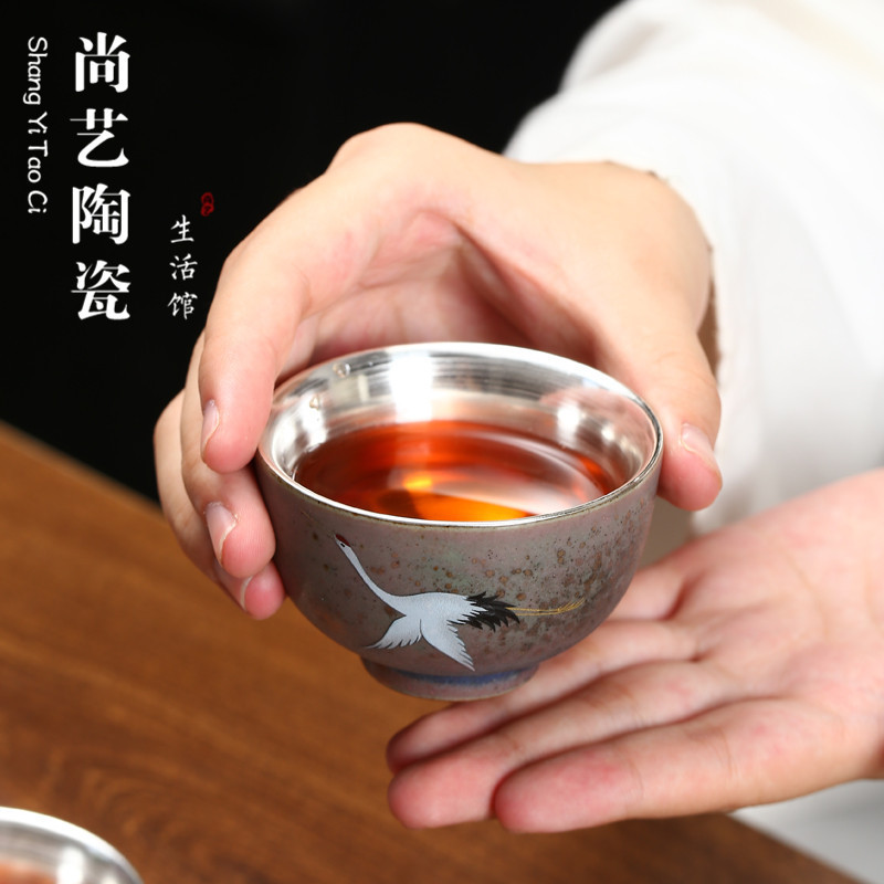 Stoneware Silver-plated Tea Cup Ceramic Tea Tasting Cup Tea 999 Sterling Silver Master Cup Built Pu'er Tea Bowl Kung Fu Single Cup