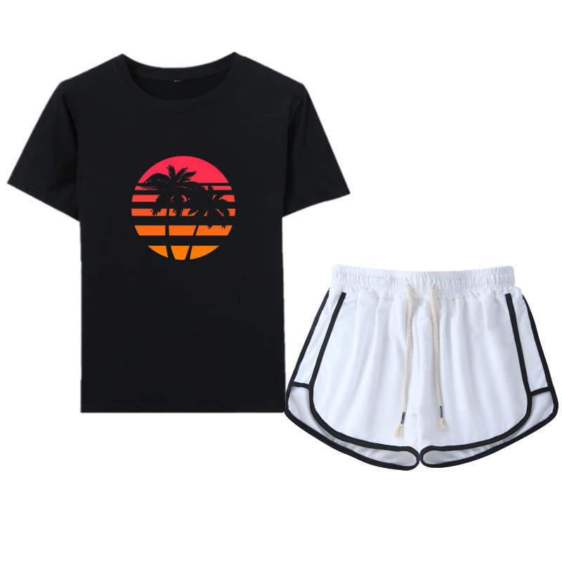 T-shirts And Shorts Two-piece Female Palm Sunset Scenery Print T-shirt From Drawstring Shorts Leisure Suit Female
