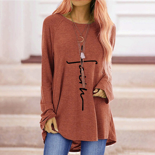 wisheBay Autumn Cross Print Loose Round Neck Long Sleeve T-Shirt for Women - Fast Shipping