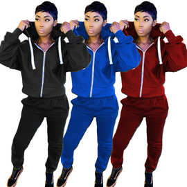 D9335亚马逊热卖欧美女装 休闲纯色长袖长裤开衫卫衣两件套装